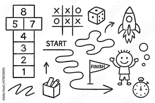 Sidewalk Chalk Games. Hand-drawn doodle illustration [chalk games on sidewalks] [hopscotch squares, number ?, tic-tac-toe board, chalk dice, maze path, start