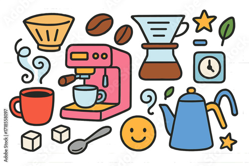 Playful Coffee Doodle. Colorful Hand-drawn doodle Children illustration Coffee brewing espresso machine, beans, filter, drip pot, coffee mug, sugar cubes,