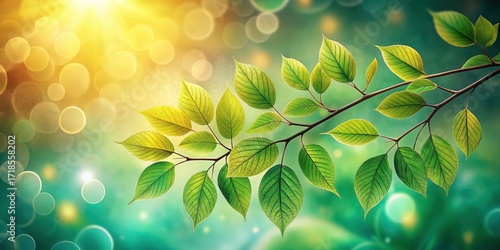 Vibrant Green Leaves on Branch, Illuminated by Warm Sunlight, with a Soft Bokeh Background