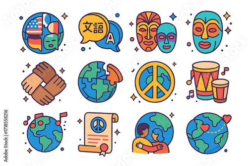 International Harmony Icons. Colorful isometric vector icons set of international harmony: flags in circle, multilingual speech bubbles, cultural masks, joined
