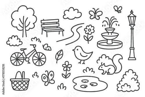 City Park Doodle. Hand-drawn doodle illustration exploring parks and gardens in the city tree, bench, walking path, fountain, flower, bird, bicycle, lamp post,