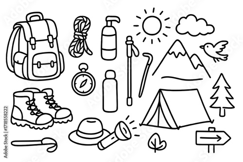 Hiking Adventure Doodles. Hand-drawn doodle illustration hiking adventure backpack, hiking boots, rope, compass, water bottle, walking stick, mountain, sun,