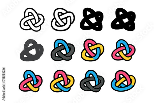 Tangle Logo Variations. Set Logo of Tangle: Tied Elastic Bands. Logo set in vector style, emblematic variations. line, bold thick line, solid black filled,
