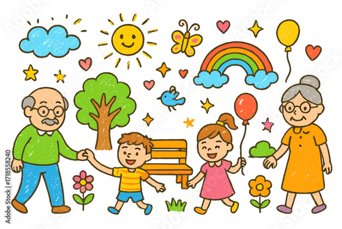 Playful Park Walk. Colorful Hand-drawn doodle Children illustration Walk in the Park grandparents, children, bench, tree, bird, butterfly, flower, rainbow,