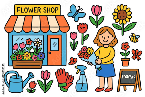 Colorful Flower Shop. Colorful Hand-drawn doodle Children illustration Flower shop storefront bouquet, rose, tulip, daisy, sunflower, watering can, flower pot,