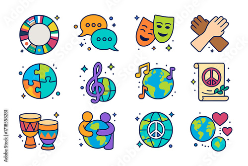 International Harmony Icons. Colorful isometric vector icons set of international harmony: flags in circle, multilingual speech bubbles, cultural masks, joined
