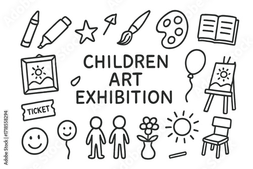 Children's Art Icons. Hand-drawn doodle illustration children art exhibition crayon, marker, paintbrush, palette, easel, frame, star, smiley face, ticket,