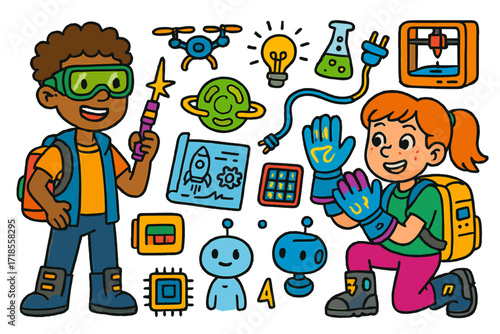 Tech-Savvy Teen Inventors. Colorful Hand-drawn doodle Children illustration Teen inventors and cyber gear laser pen, blueprints, tech goggles, mini drone,