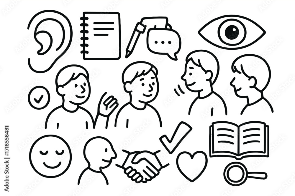 Naklejka premium Active Listening Symbols. Hand-drawn doodle illustration Active listening ear, notebook, pencil, eye contact, person nodding, conversation bubbles, clock,