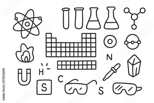 Chemistry Doodle Art. Hand-drawn doodle illustration [chemical elements] periodic table, atom symbol, test tube, Erlenmeyer flask, beaker, flame, electron