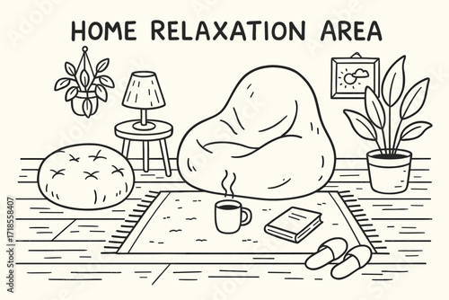 Cozy Relaxation Nook. Hand-drawn doodle illustration Home relaxation area floor