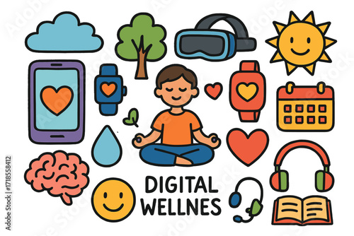 Digital Wellness Icons. Digital wellness. Colorful Hand-drawn doodle Children illustration phone, smartwatch, VR headset, heart, brain, yoga pose, cloud, tree,