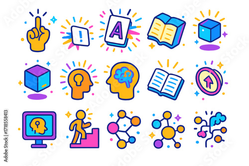 Learning Breakthrough Icons. Colorful isometric vector icons set of learning breakthroughs: eureka gesture, flashcard burst, glowing textbook, levitating