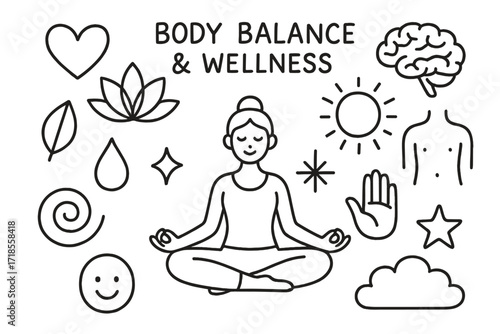 Balance and Wellness Icons. Hand-drawn doodle illustration Body balance and wellness lotus flower, yoga pose, heart, brain, leaf, water droplet, sun, moon,