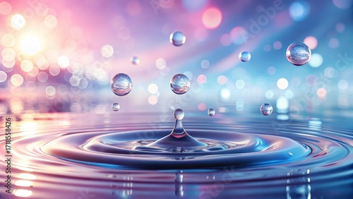 Water droplet impact creating mesmerizing concentric ripples on a tranquil surface, with suspended droplets reflecting ethereal light