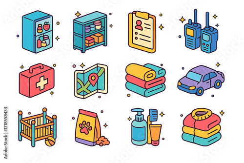 Community Resource Icons. Colorful isometric vector icons set of mutual aid resources: free fridge, community pantry shelf, emergency contact list, walkie