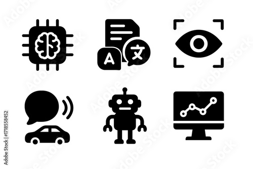 AI Technology Icons. Solid, filled icon set of AI technologies: deep learning, natural language processing, computer vision, speech recognition, robotics,