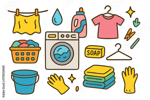 Colorful Laundry Doodle. Laundry Room. Colorful Hand-drawn doodle Children illustration damp rag, washing machine, laundry basket, detergent, soap bar, towel,