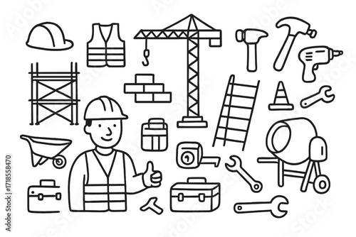 Urban Construction Doodle. Hand-drawn doodle illustration [urban construction site] [worker, crane, scaffolding, bricks, cement mixer, hammer, drill,