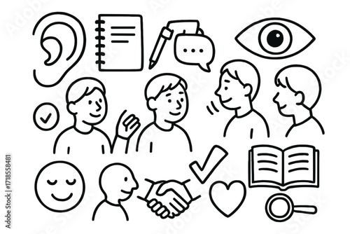 Active Listening Symbols. Hand-drawn doodle illustration Active listening ear, notebook, pencil, eye contact, person nodding, conversation bubbles, clock,