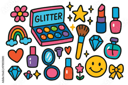Colorful Makeup Doodles. Colorful Hand-drawn doodle Children illustration Glitter Makeup Palette [shiny palette, spark, brush, lipstick, nail polish, perfume,