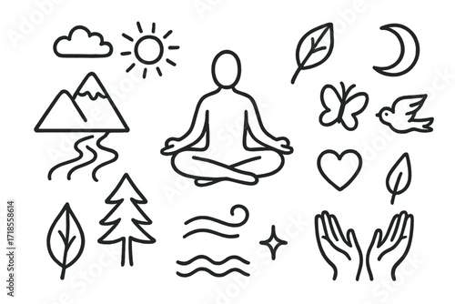 Nature Meditation Icons. Hand-drawn doodle illustration Nature meditation mountain, tree, seated figure, stream icon, leaf, breath line, cloud, sun, butterfly,
