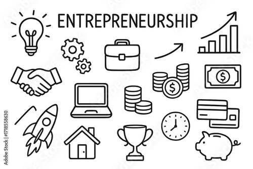 Entrepreneurship Doodle Icons. Hand-drawn doodle illustration entrepreneurship light bulb, gears, briefcase, chart, arrow up, handshake, laptop, coin stack,