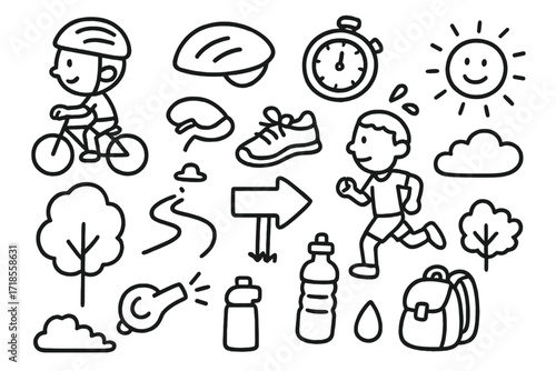 Park Fitness Doodle. Hand-drawn doodle illustration cycling and jogging in parks bicycle, helmet, shoe, stopwatch, water bottle, path, tree, bush, whistle,