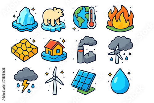 Climate Change Icons. Climate Change. Colorful isometric vector icons set of Climate Change: melting iceberg, polar bear, globe thermometer, wildfire, drought,