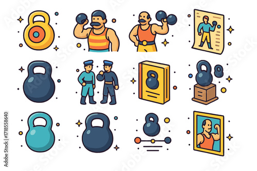 Kettlebell Evolution Icons. Colorful isometric vector icons set of kettlebell history and evolution: ancient kettlebell design, Russian strongman, old circus