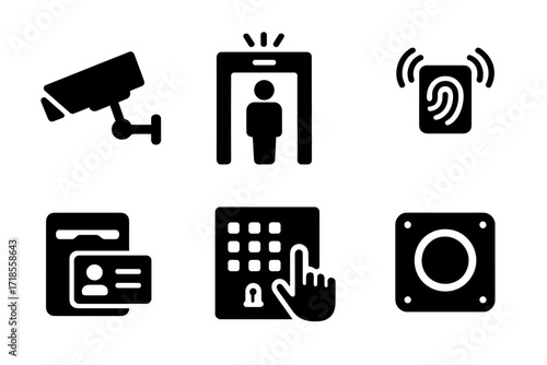 Security Tool Icons. Solid, filled icon set of bouncer tools and technology: CCTV camera, metal detector, body scanner, fingerprint reader, alarm system, ID