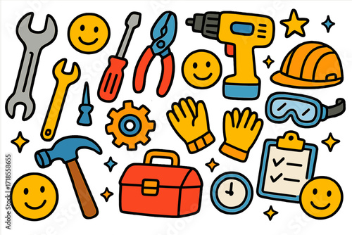 Colorful Machine Shop Doodles. Colorful Hand-drawn doodle Children illustration Machine Shop tools wrench, screwdriver, pliers, drill, hammer, gear, toolbox,