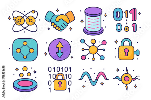 Quantum Icon Collection. Colorful isometric vector icons set of quantum entanglement and information: two linked atoms, quantum handshake, teleportation beam,