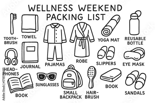 Wellness Weekend Essentials. Hand-drawn doodle illustration [Wellness weekend packing list] [toothbrush, towel, yoga mat, reusable bottle, journal, pajamas,
