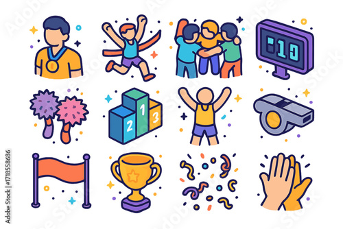 Sports Victory Icons. Colorful isometric vector icons set of sports victories: athlete with medal, raised arms at finish line, team huddle, scoreboard win,