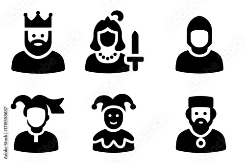 Noble Professions Icons. Solid, filled icon set of noble professions: king, queen, knight, squire, herald, jester, chancellor, advisor. Solid, filled icons in