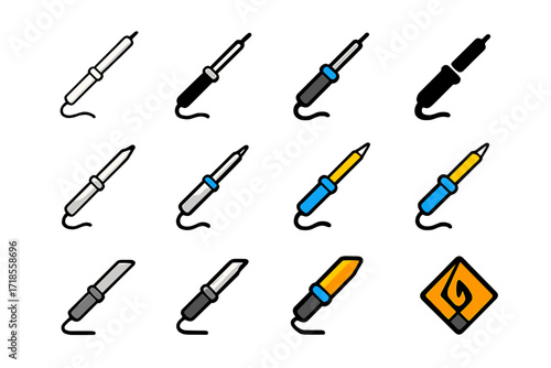 Computer Repair Logos. Set Logo of Computer Repair Tools: Soldering iron. Logo set in vector style, emblematic variations. line, bold thick line, solid black