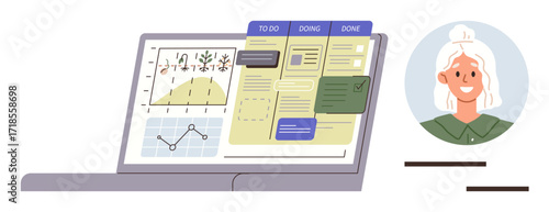 Laptop displaying task tracking interface, progress charts, visual dashboard, and a user profile. Ideal for productivity, planning, organization, teamwork, analytics remote work simple flat