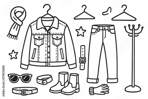 Denim Jacket Icons. Hand-drawn doodle illustration Denim jacket [denim jacket, pocket, collar, button, zipper, patch, hanger, jeans, boots, scarf, star,