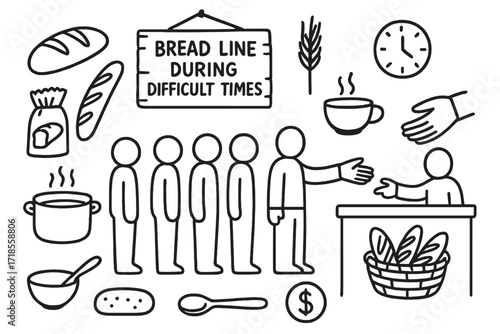 Breadline Doodle Illustration. Hand-drawn doodle illustration Bread line during difficult times [loaf of bread, baguette, bakery bag, people standing in line,
