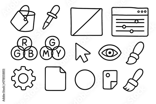 Digital Art Tools. Hand-drawn doodle illustration Digital color selection paint bucket, dropper tool, gradient bar, square swatch, RGB icon, CMYK icon, mouse
