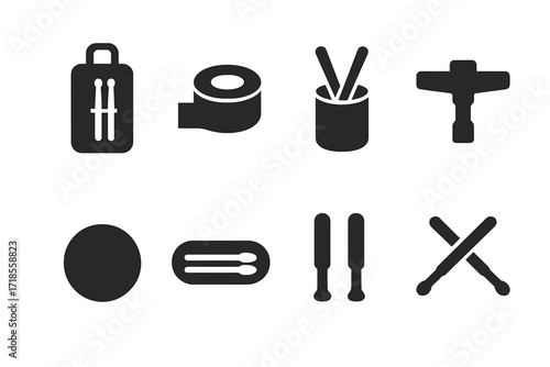 Drumsticks Icon Set. Solid, filled icon set of drumsticks accessories: drumstick bag, grip tape, drumstick holder, drum key, practice pad, drumstick case,