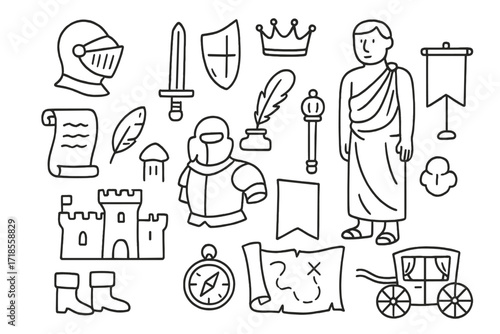 Historical Costume Doodles. Hand-drawn doodle illustration Historical costume guests [knight helmet, sword, shield, crown, toga, scroll, feather quill, castle,