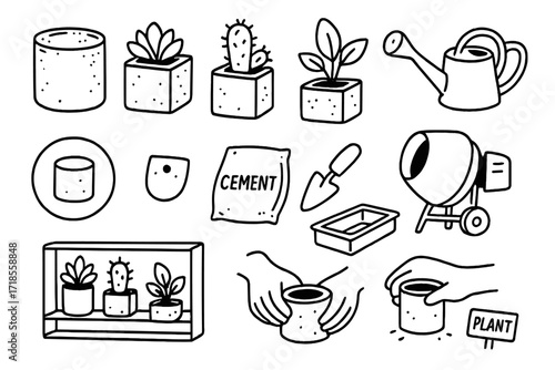 Concrete Planter Icons. Hand-drawn doodle illustration [Concrete planters] [cylindrical planter, square planter, succulent, cactus, leafy plant, trowel,