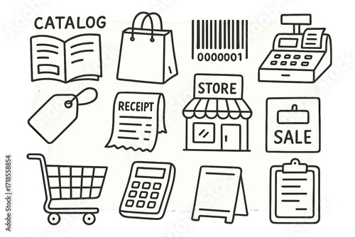 Retail Icon Doodles. Retail. Hand-drawn doodle illustration catalog, shopping bag, barcode, cash register, price tag, receipt, store building, cart,