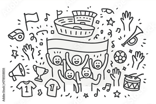 Celebrating Sports Fans Doodle. Hand-drawn doodle illustration sports fans celebrating crowd of people, stadium, flag, whistle, jersey, trophy, ball,