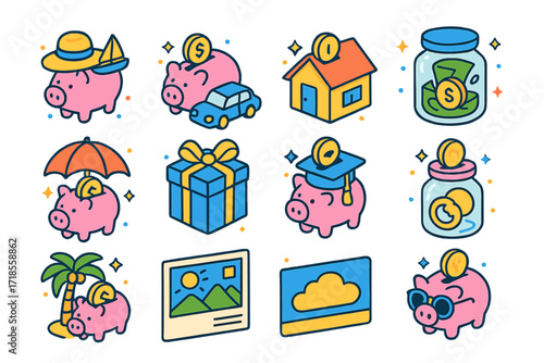 Colorful Savings Icons. Colorful isometric vector icons set of savings goals and motivation: vacation piggy, car goal with piggy, home piggy icon, emergency