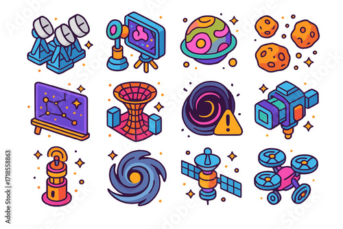 Galactic Exploration Icons. Colorful isometric vector icons set of galactic exploration: telescope array, nebula scanner, alien planet, asteroid belt, starmap