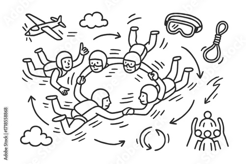 Skydiving Team Formation. Hand-drawn doodle illustration skydiving team formation group of skydivers, circle formation, linked arms, air flow, cloud, plane,
