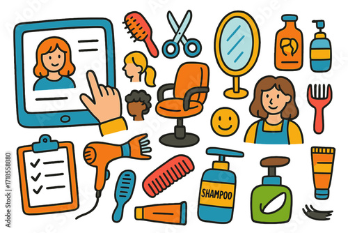 Salon Doodle Fun. Colorful Hand-drawn doodle Children illustration Salon Consultation Digital Screen digital tablet, salon chair, mirror, hairbrush, scissors,